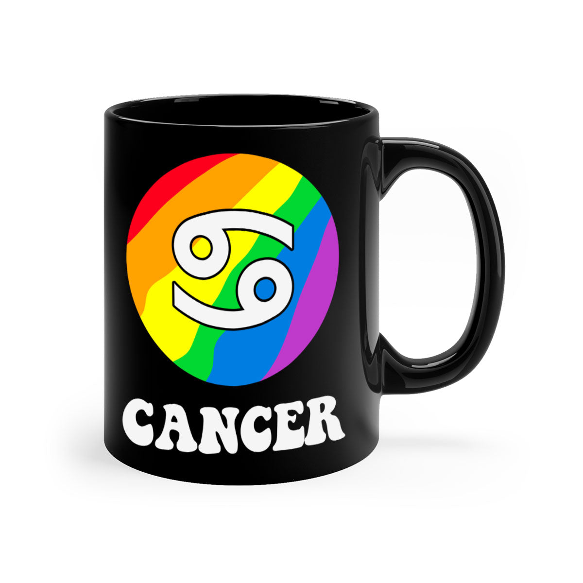 Cancer LGBT Pride Mug with colorful handle and glossy finish, available in multiple sizes.