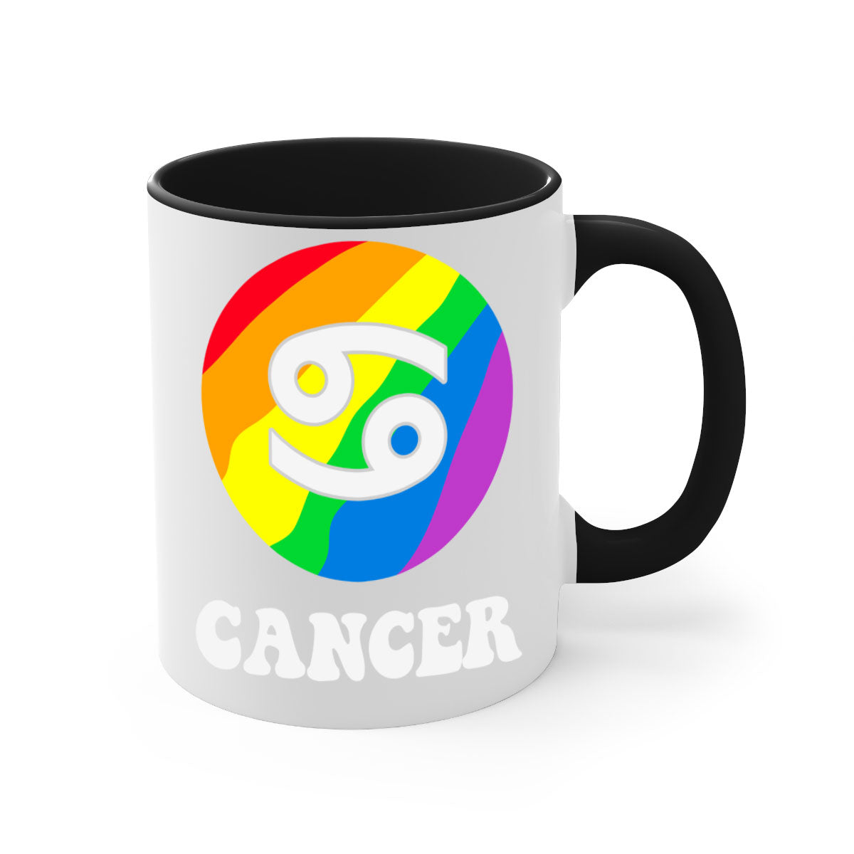 Cancer LGBT Pride Mug with colorful handle and glossy finish, available in multiple sizes.