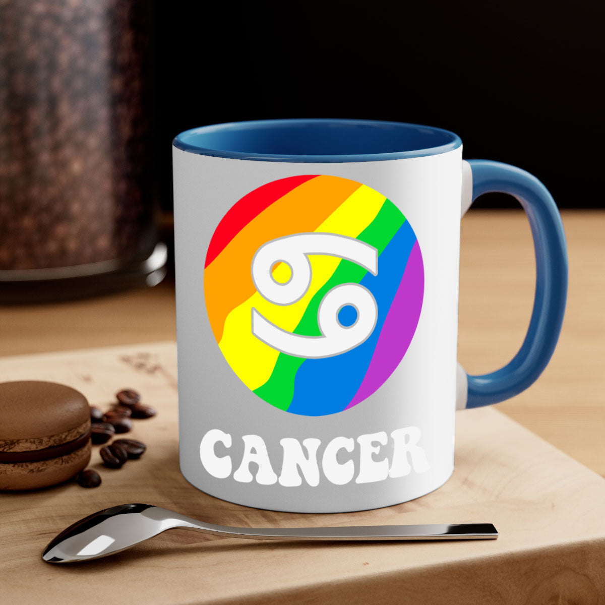 Cancer LGBT Pride Mug with colorful handle and glossy finish, available in multiple sizes.