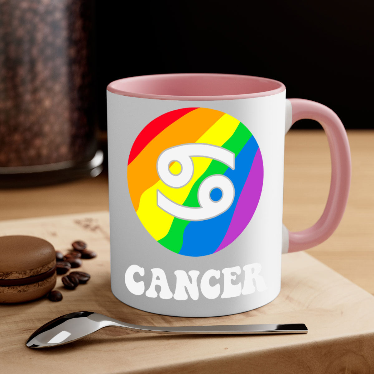 Cancer LGBT Pride Mug with colorful handle and glossy finish, available in multiple sizes.