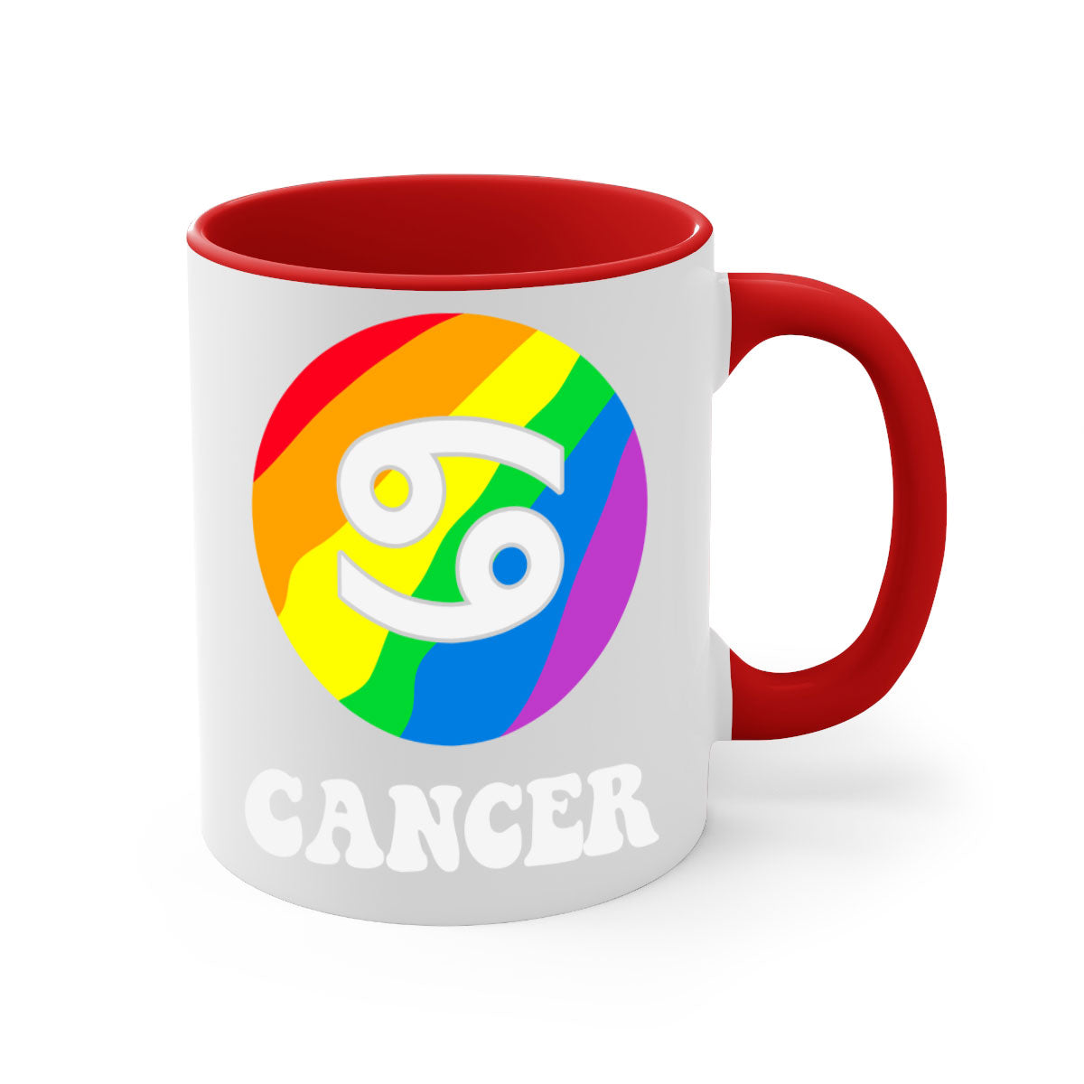 Cancer LGBT Pride Mug with colorful handle and glossy finish, available in multiple sizes.
