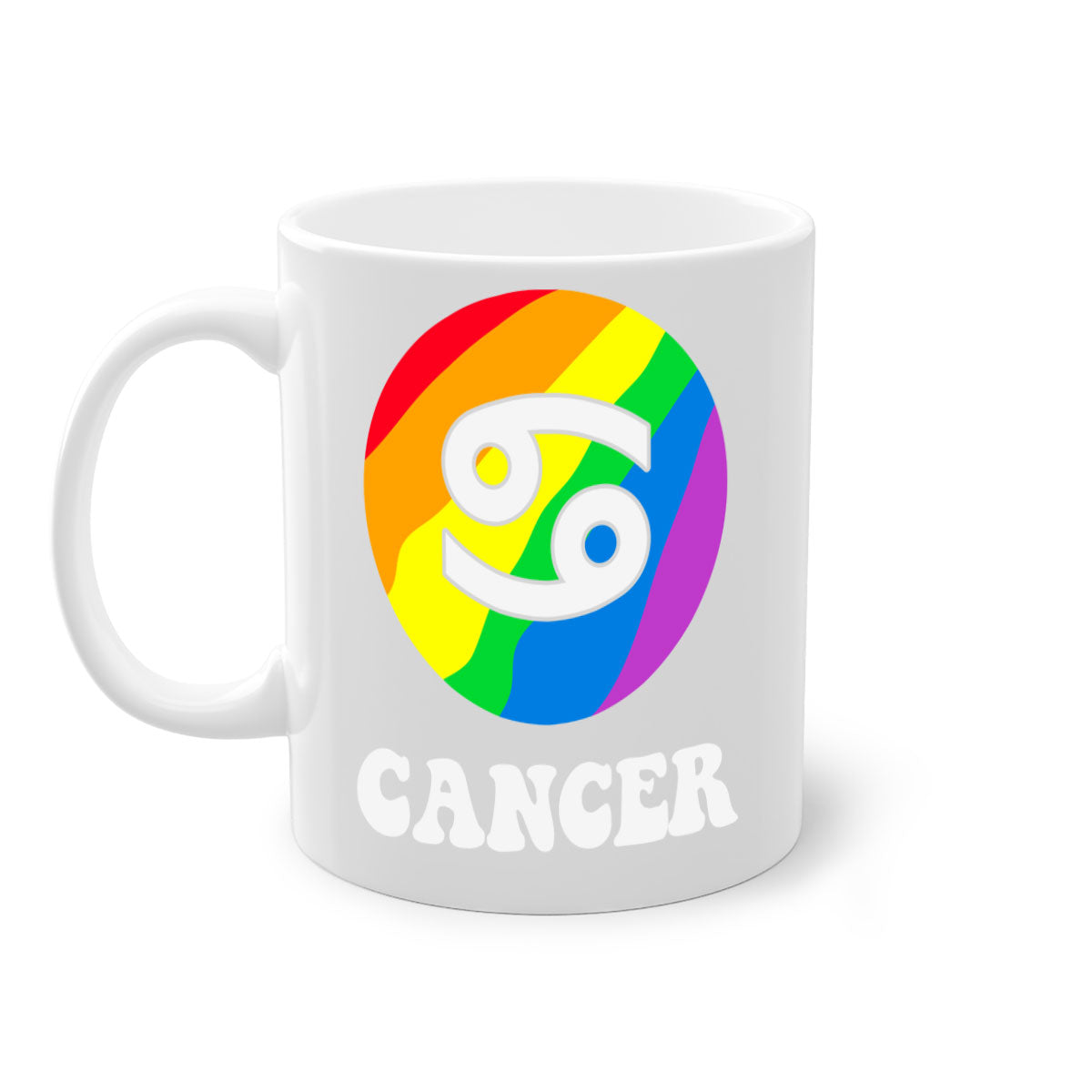 Cancer LGBT Pride Mug with colorful handle and glossy finish, available in multiple sizes.