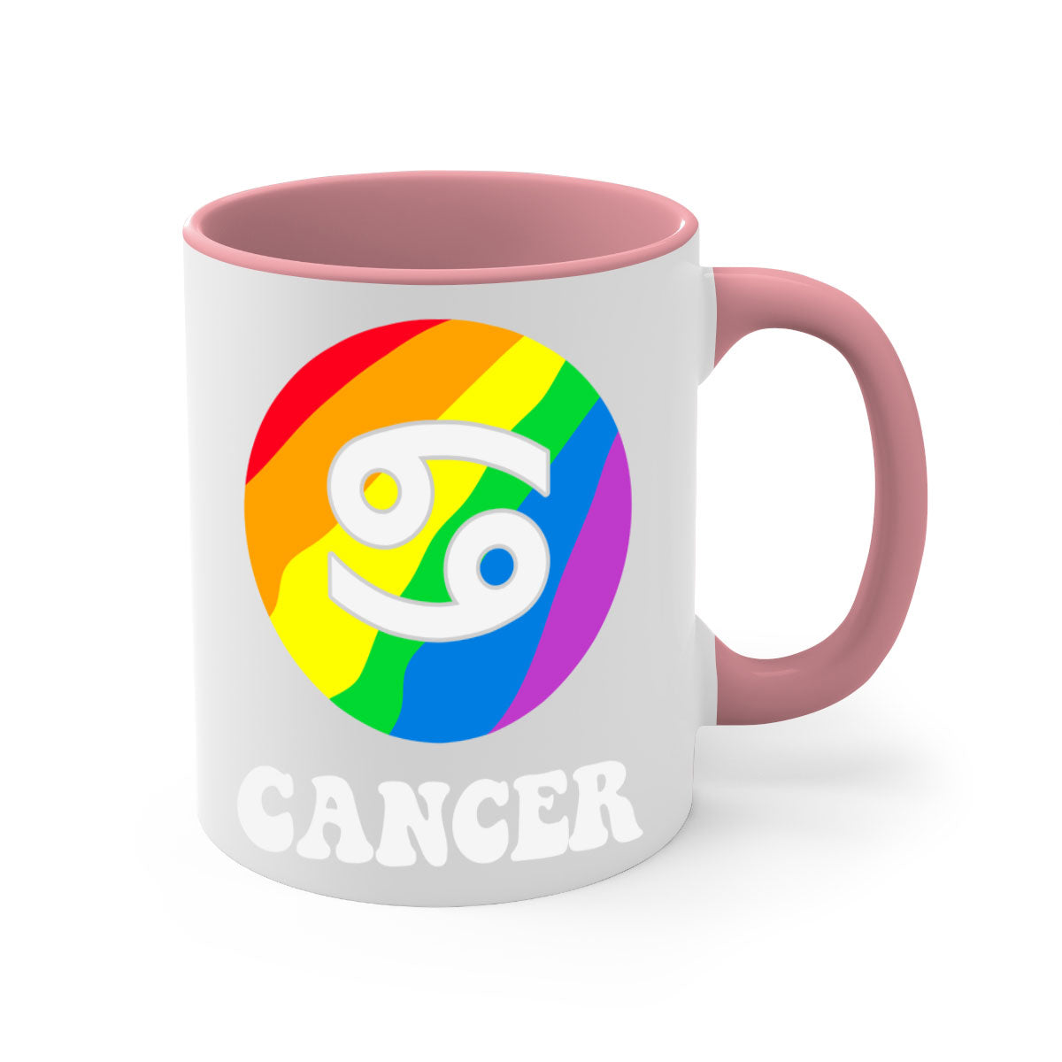 Cancer LGBT Pride Mug with colorful handle and glossy finish, available in multiple sizes.