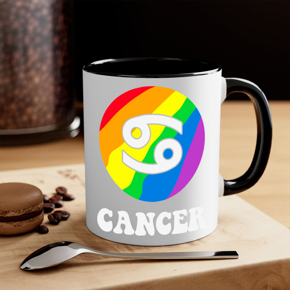 Cancer LGBT Pride Mug with colorful handle and glossy finish, available in multiple sizes.