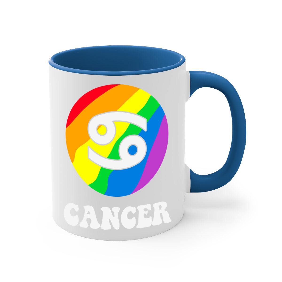 Cancer LGBT Pride Mug with colorful handle and glossy finish, available in multiple sizes.