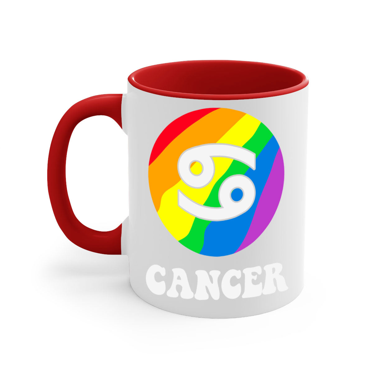 Cancer LGBT Pride Mug with colorful handle and glossy finish, available in multiple sizes.