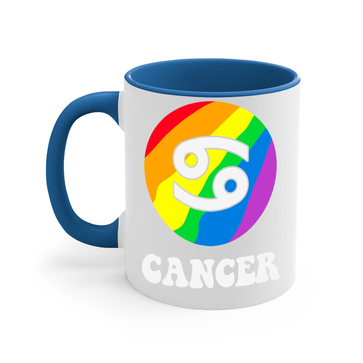 Cancer LGBT Pride Mug with colorful handle and glossy finish, available in multiple sizes.