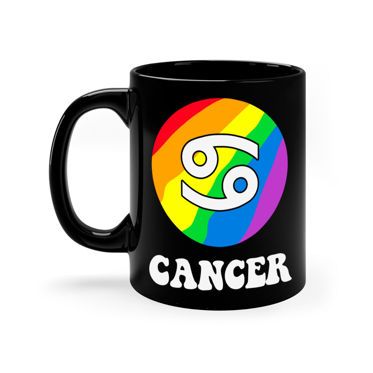 Cancer LGBT Pride Mug with colorful handle and glossy finish, available in multiple sizes.