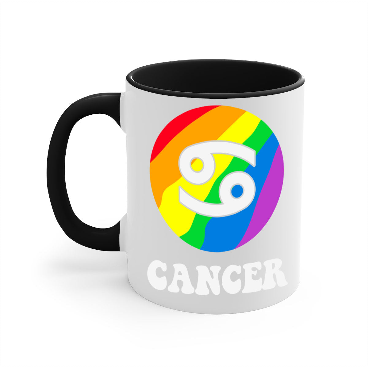 Cancer LGBT Pride Mug with colorful handle and glossy finish, available in multiple sizes.