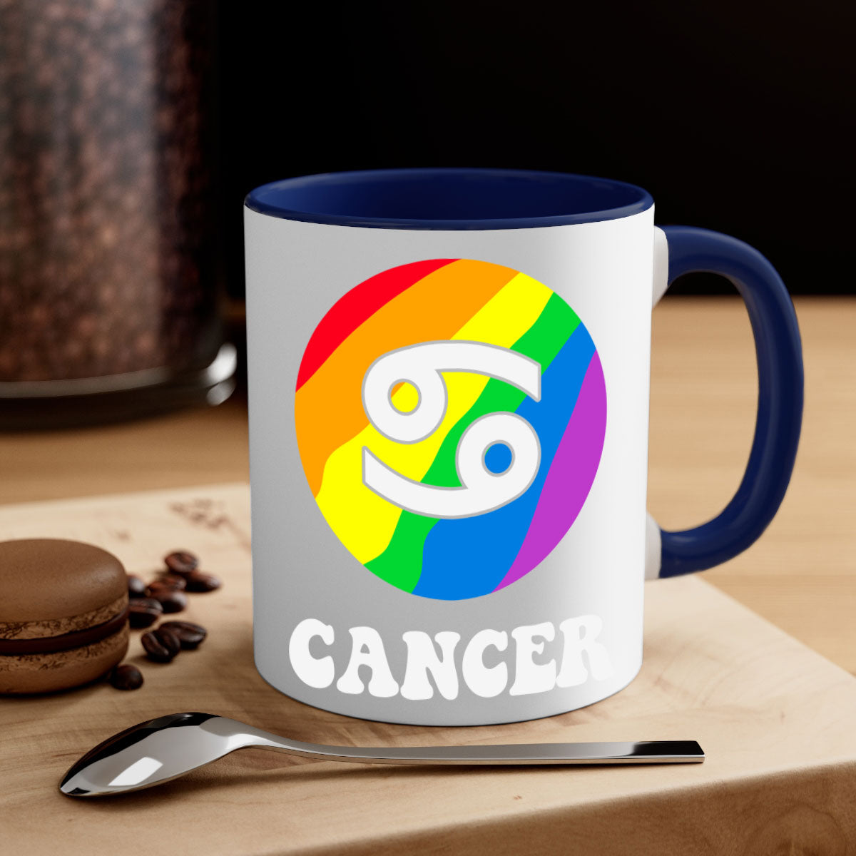 Cancer LGBT Pride Mug with colorful handle and glossy finish, available in multiple sizes.