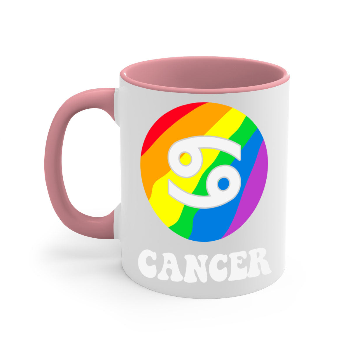 Cancer LGBT Pride Mug with colorful handle and glossy finish, available in multiple sizes.