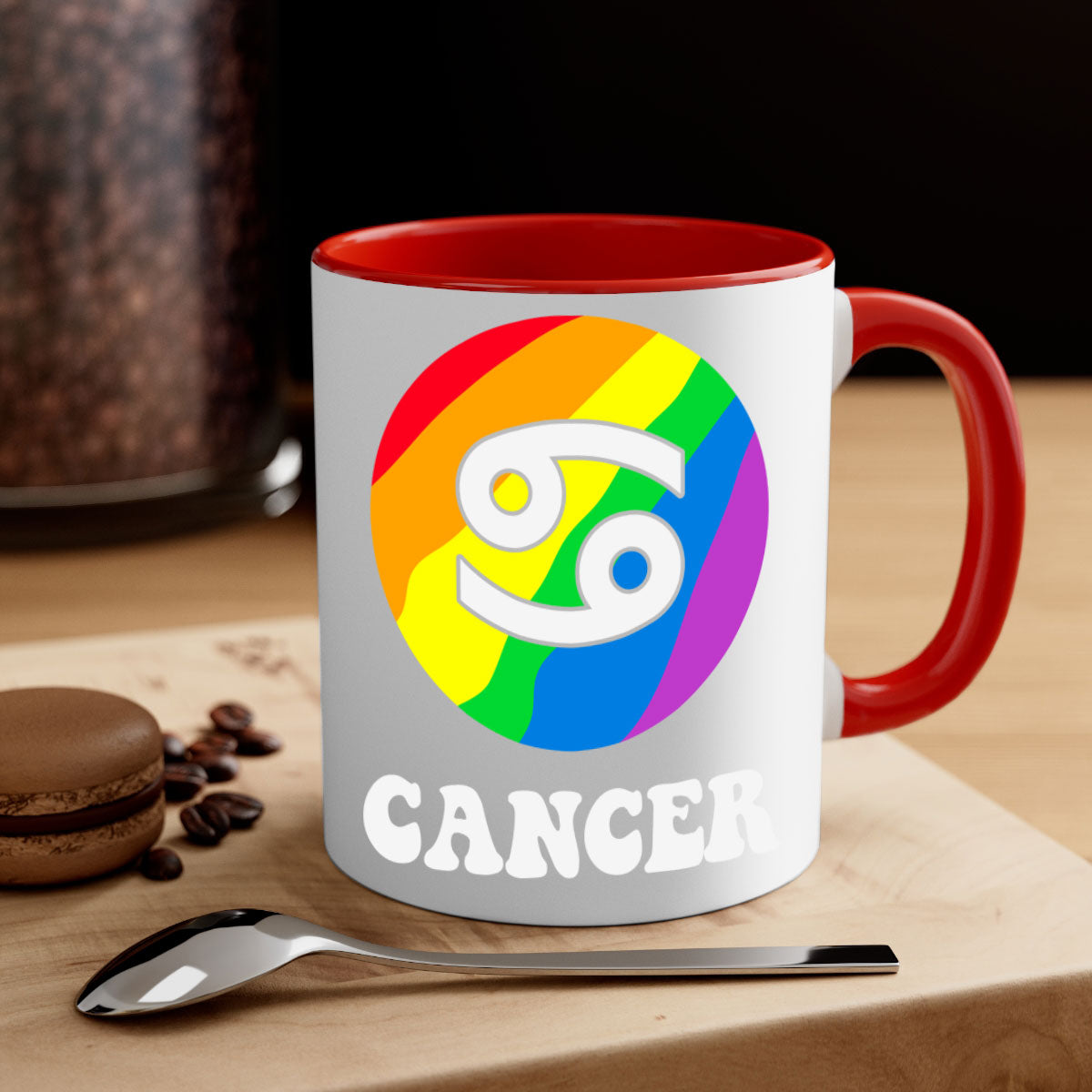 Cancer LGBT Pride Mug with colorful handle and glossy finish, available in multiple sizes.