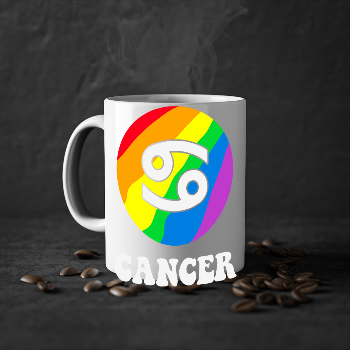 Cancer LGBT Pride Mug with colorful handle and glossy finish, available in multiple sizes.