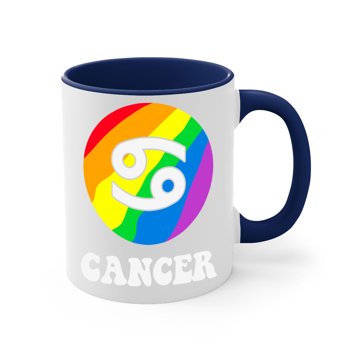 Cancer LGBT Pride Mug with colorful handle and glossy finish, available in multiple sizes.