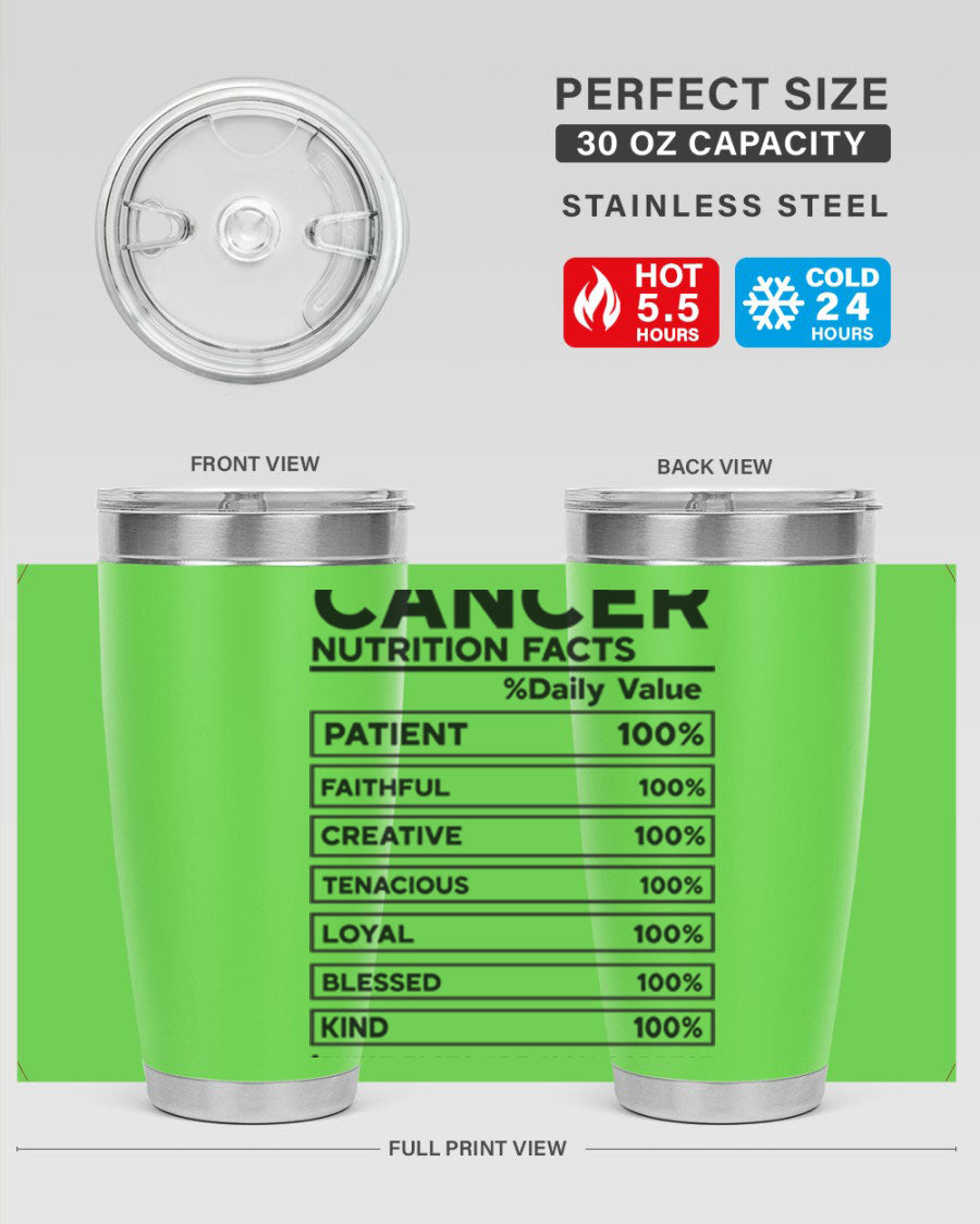 Cancer Nutrition Facts 20oz Tumbler made of stainless steel with a drink-thru lid, featuring a stylish design.