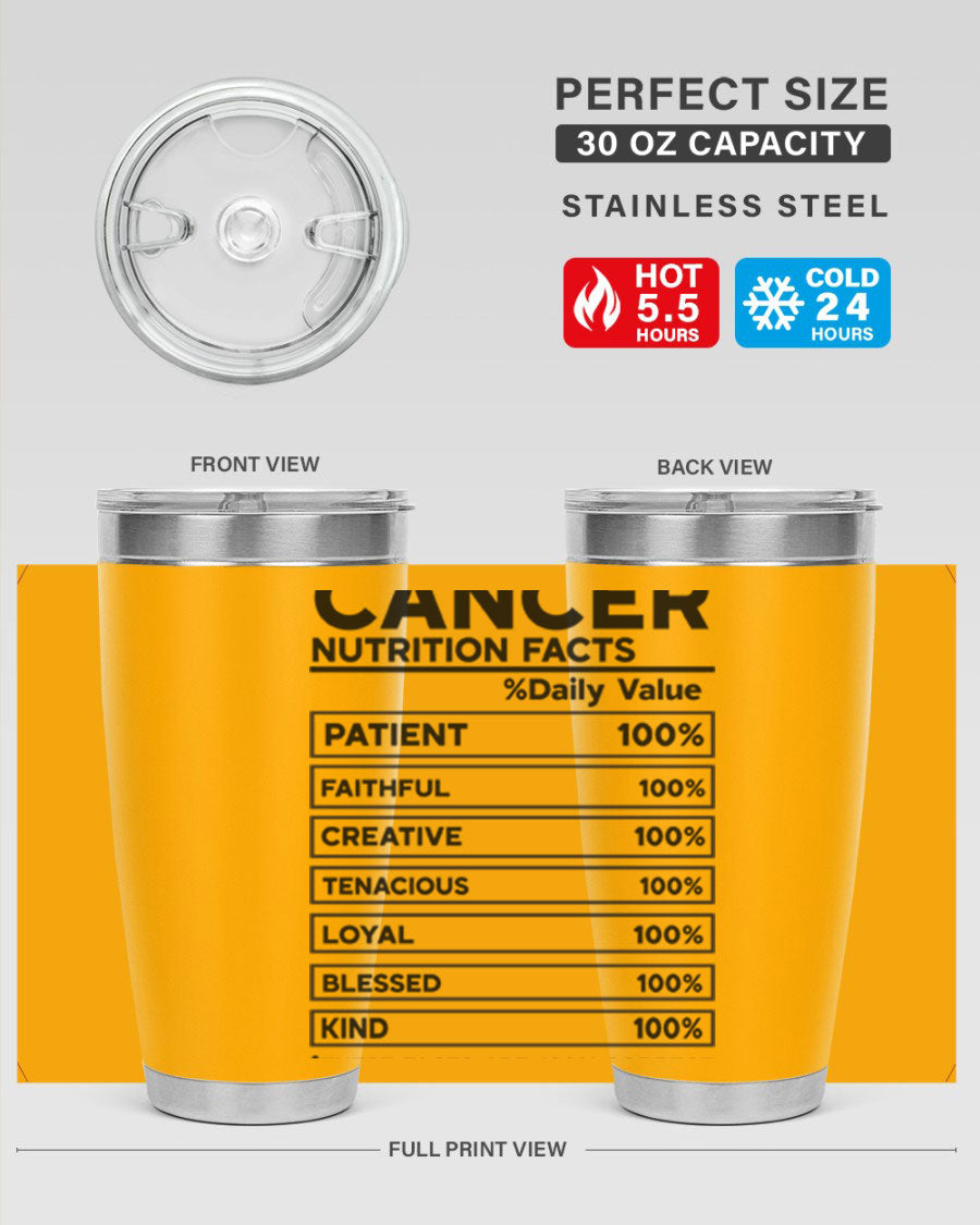 Cancer Nutrition Facts 20oz Tumbler made of stainless steel with a drink-thru lid, featuring a stylish design.
