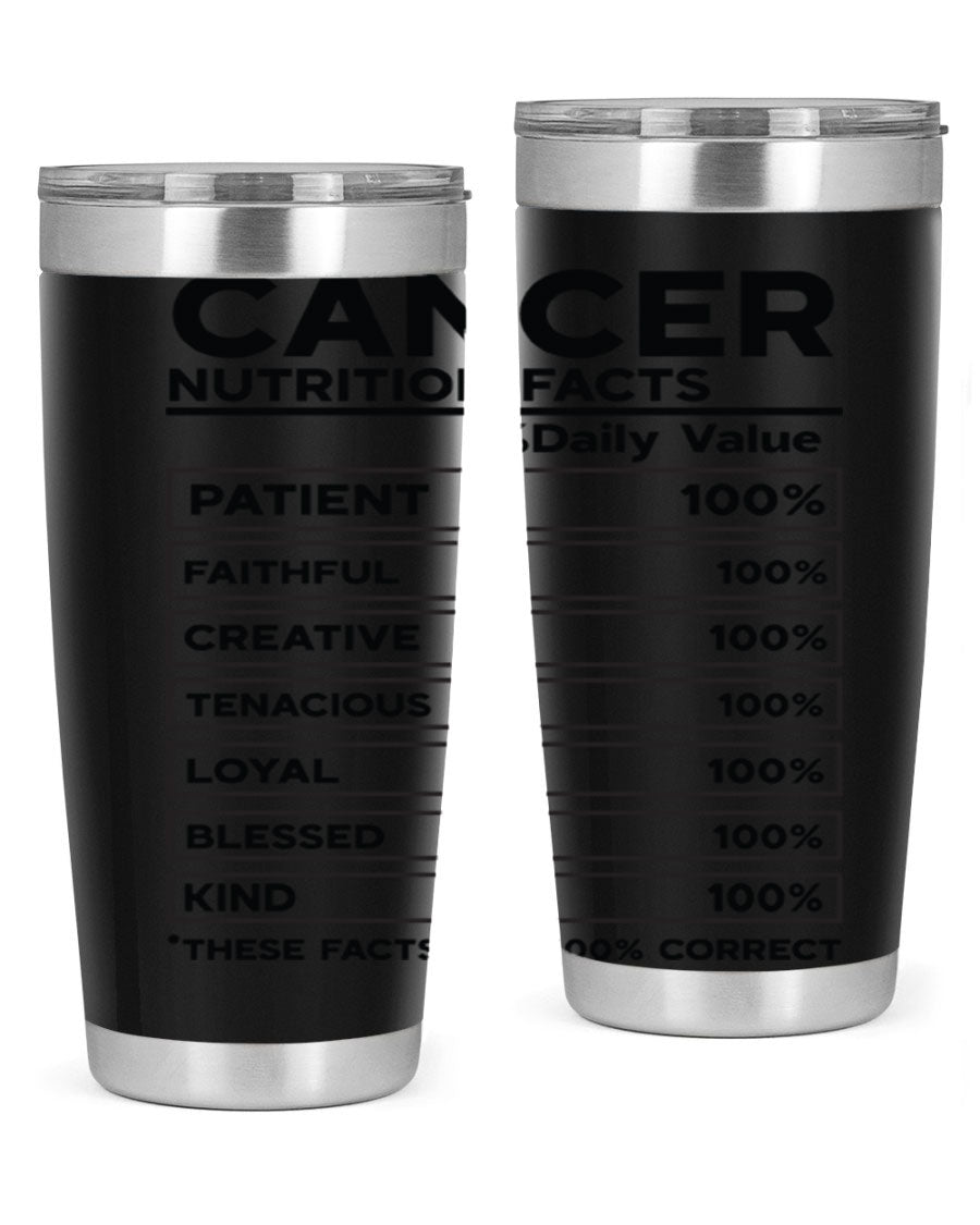 Cancer Nutrition Facts 20oz Tumbler made of stainless steel with a drink-thru lid, featuring a stylish design.