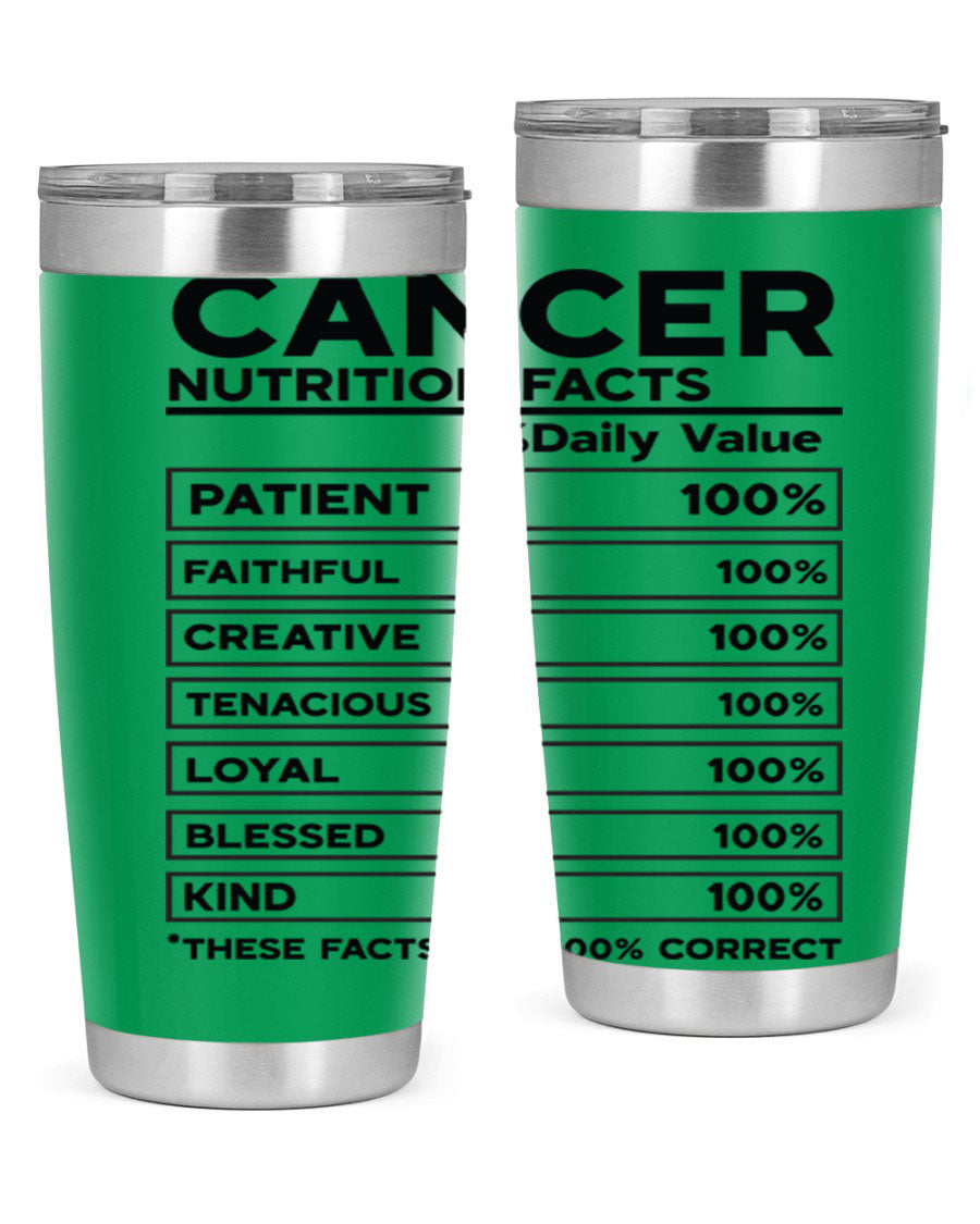 Cancer Nutrition Facts 20oz Tumbler made of stainless steel with a drink-thru lid, featuring a stylish design.