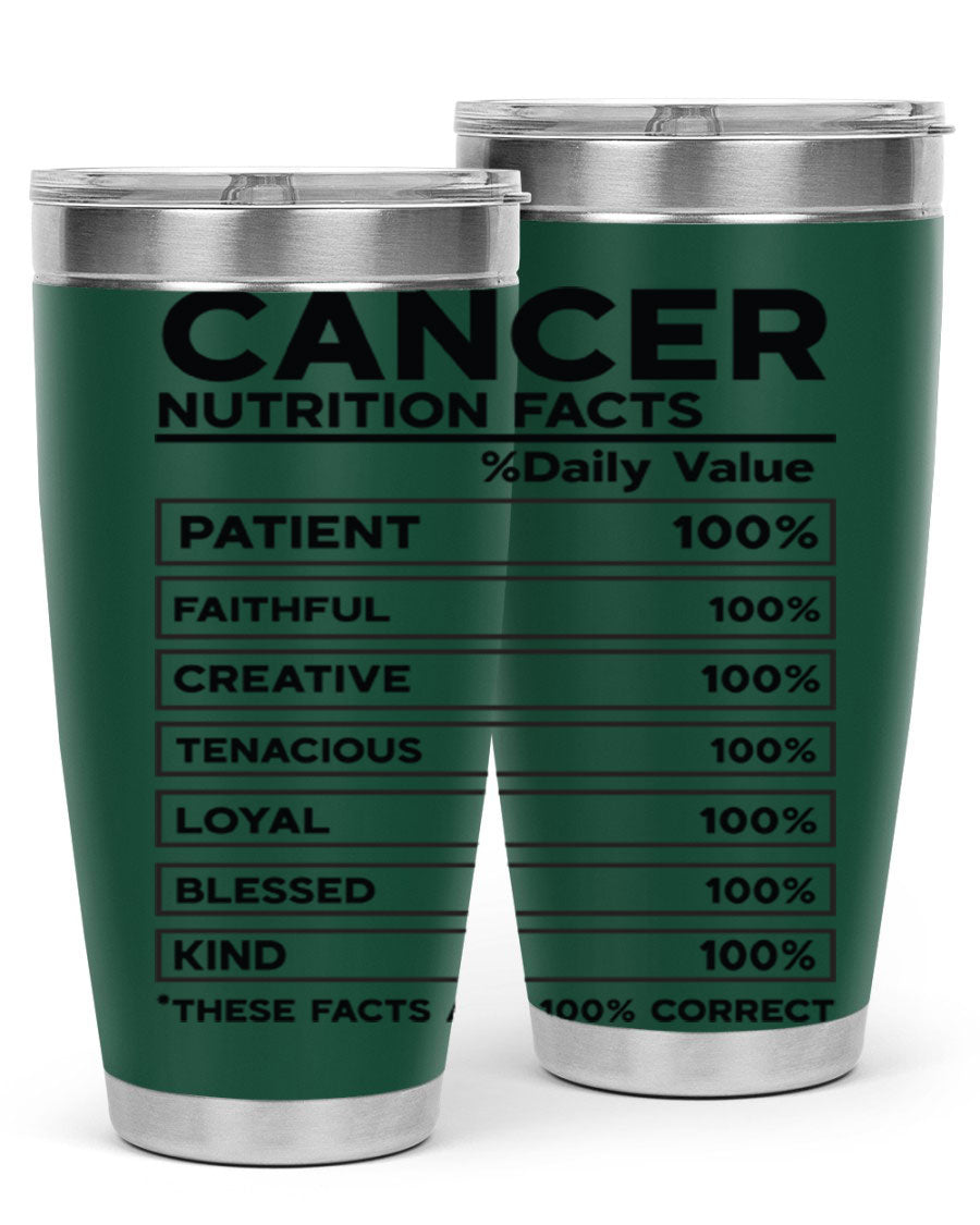 Cancer Nutrition Facts 20oz Tumbler made of stainless steel with a drink-thru lid, featuring a stylish design.