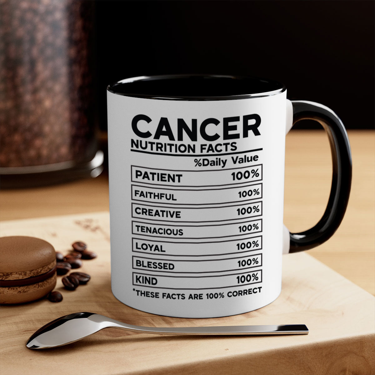 Cancer Nutrition Facts 148# Mug with colorful handle and glossy finish, available in multiple sizes.