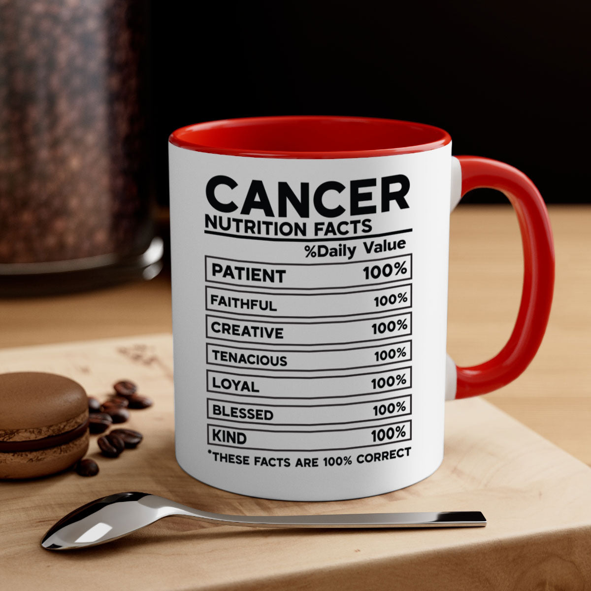 Cancer Nutrition Facts 148# Mug with colorful handle and glossy finish, available in multiple sizes.