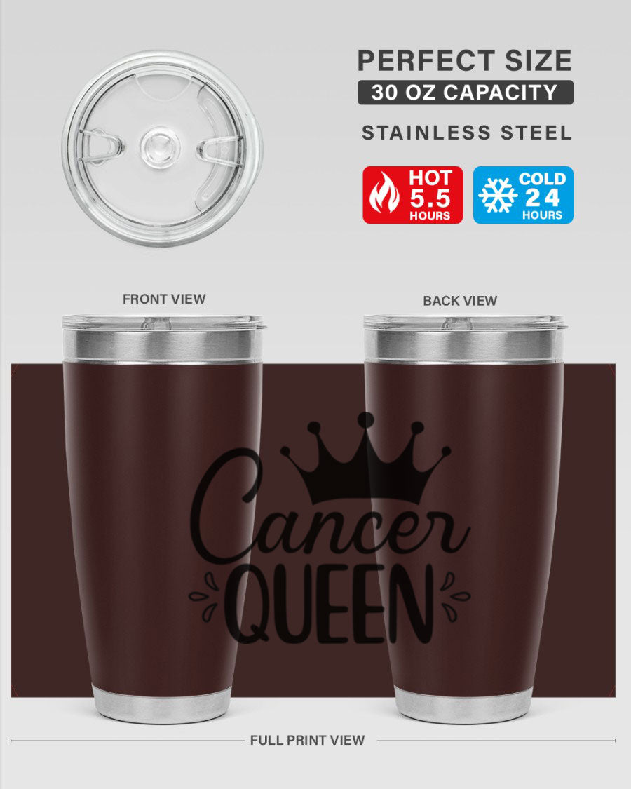 Cancer Queen 161# Tumbler featuring a stylish design, double wall vacuum insulation, and a press-in drink-thru lid, perfect for hot and cold beverages.