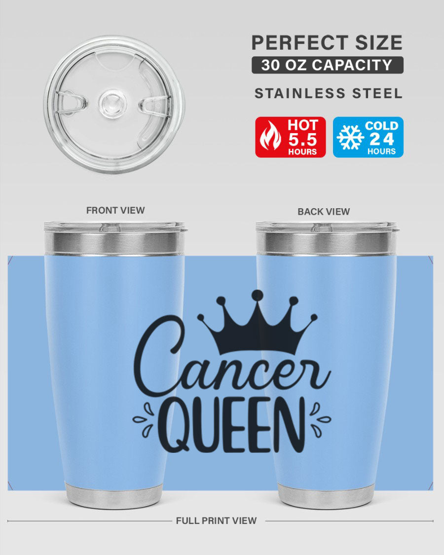 Cancer Queen 161# Tumbler featuring a stylish design, double wall vacuum insulation, and a press-in drink-thru lid, perfect for hot and cold beverages.