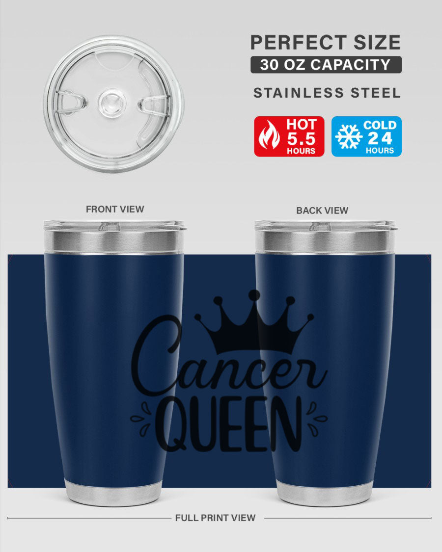 Cancer Queen 161# Tumbler featuring a stylish design, double wall vacuum insulation, and a press-in drink-thru lid, perfect for hot and cold beverages.