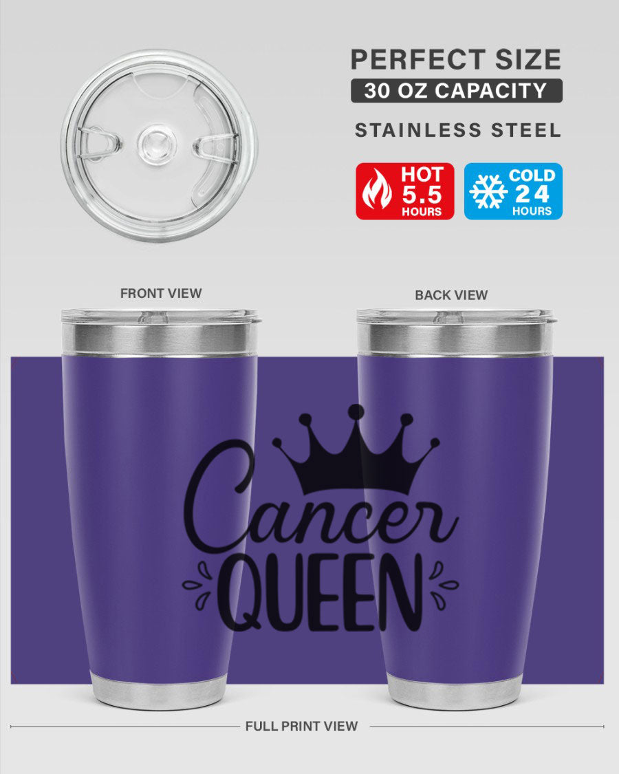 Cancer Queen 161# Tumbler featuring a stylish design, double wall vacuum insulation, and a press-in drink-thru lid, perfect for hot and cold beverages.