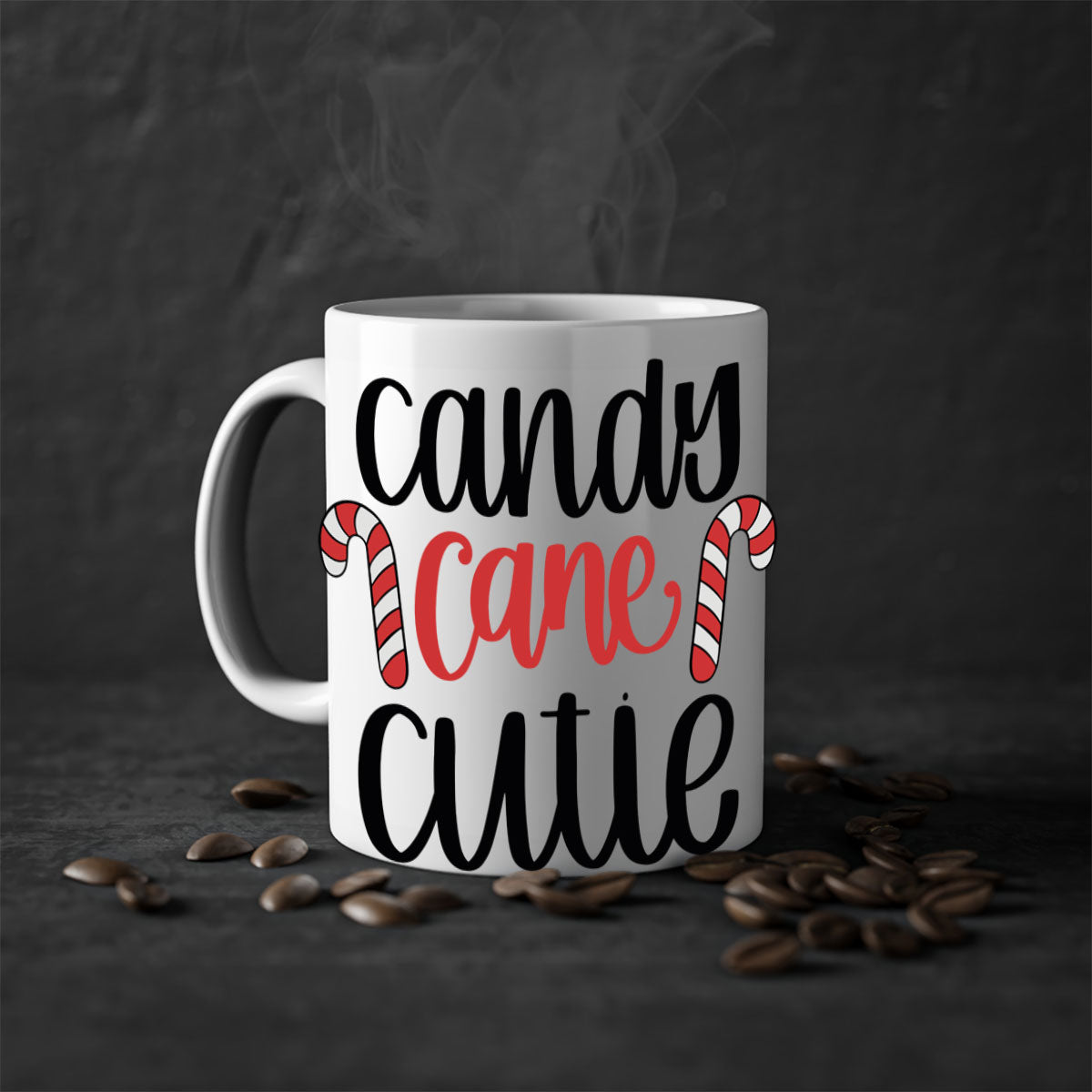 Candy Cane Cutie 204# Christmas Mug with a glossy finish, featuring a colored handle and interior, available in five vibrant colors.