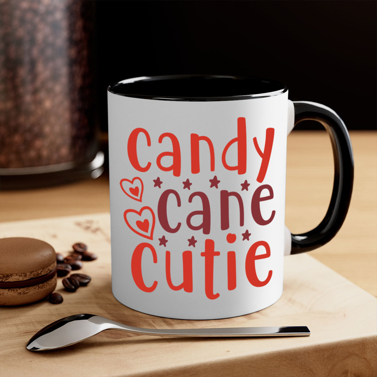 Candy Cane Cutie Christmas Mug with colorful handle and glossy finish, perfect for holiday beverages.