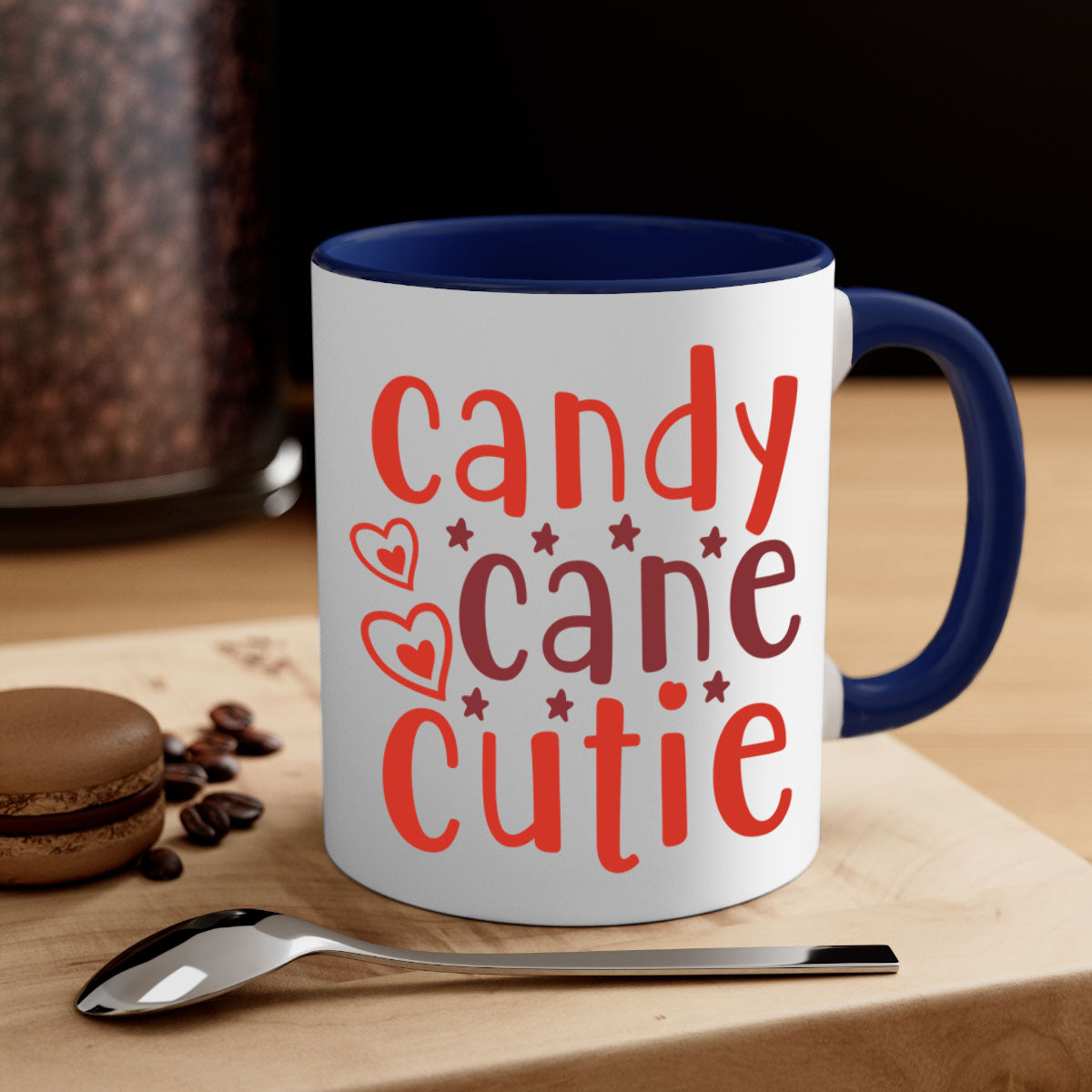 Candy Cane Cutie Christmas Mug with colorful handle and glossy finish, perfect for holiday beverages.