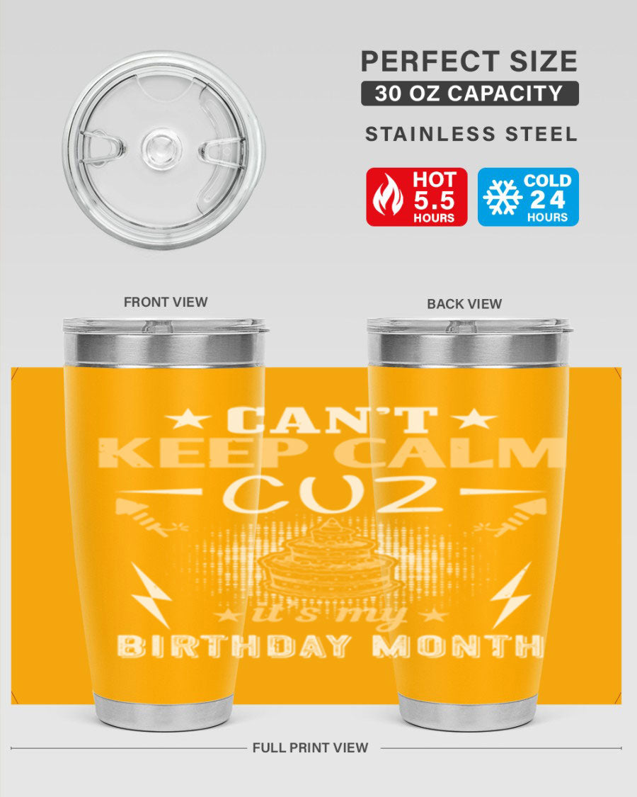 A stylish 20oz and 30oz stainless steel tumbler with a fun birthday design, perfect for keeping drinks hot or cold.