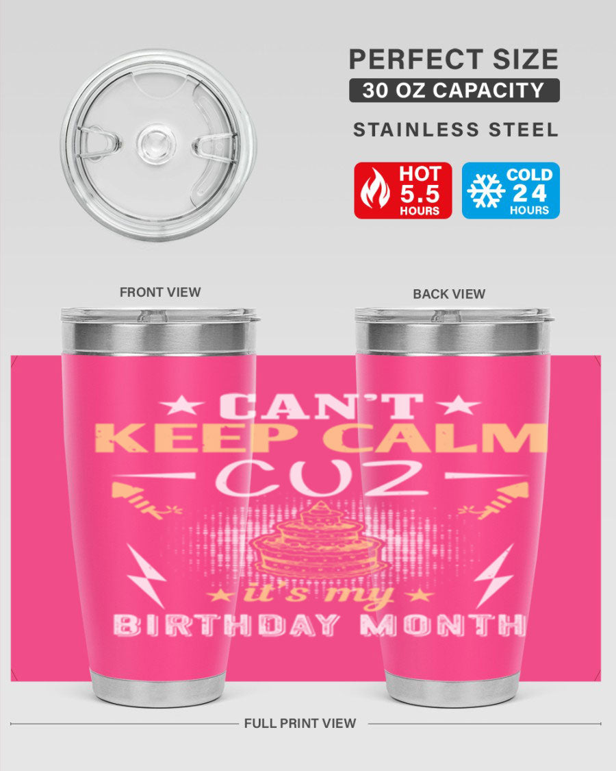 A stylish 20oz and 30oz stainless steel tumbler with a fun birthday design, perfect for keeping drinks hot or cold.