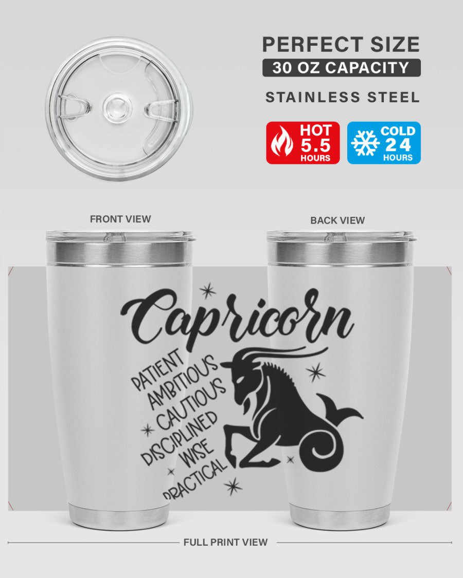 Capricorn 188# Tumbler featuring a sleek design, double wall vacuum insulation, and a press-in lid, perfect for hot and cold beverages.