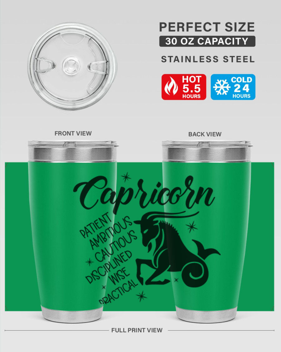 Capricorn 188# Tumbler featuring a sleek design, double wall vacuum insulation, and a press-in lid, perfect for hot and cold beverages.