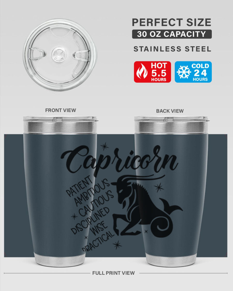 Capricorn 188# Tumbler featuring a sleek design, double wall vacuum insulation, and a press-in lid, perfect for hot and cold beverages.