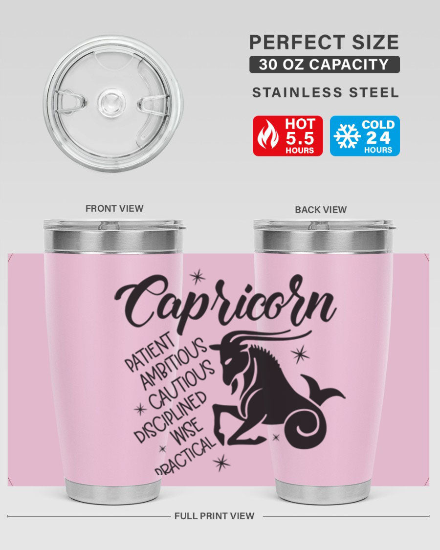 Capricorn 188# Tumbler featuring a sleek design, double wall vacuum insulation, and a press-in lid, perfect for hot and cold beverages.