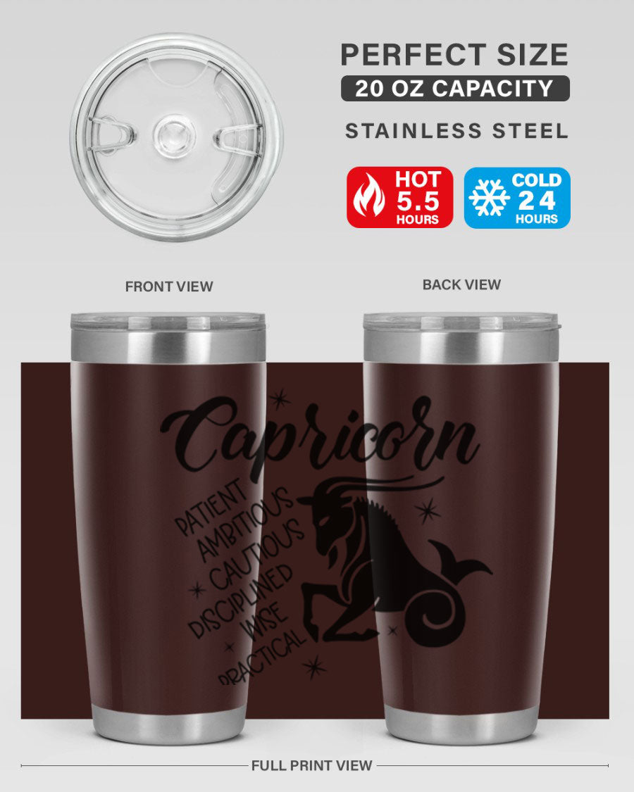 Capricorn 188# Tumbler featuring a sleek design, double wall vacuum insulation, and a press-in lid, perfect for hot and cold beverages.