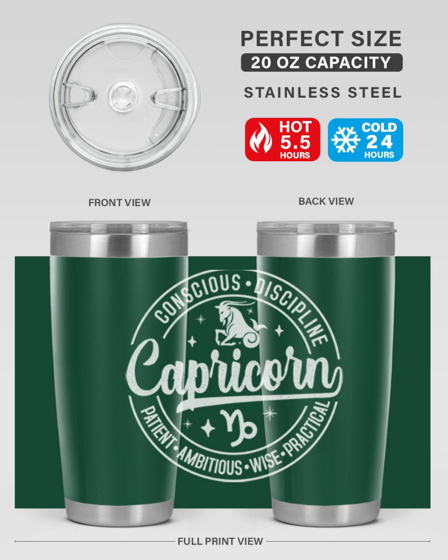 Capricorn 191# Zodiac Tumbler in stainless steel with a drink-thru lid, showcasing its sleek design and vibrant print.