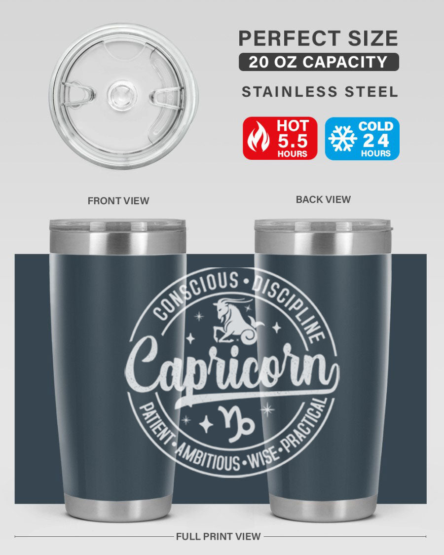 Capricorn 191# Zodiac Tumbler in stainless steel with a drink-thru lid, showcasing its sleek design and vibrant print.