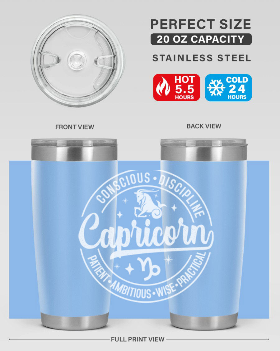 Capricorn 191# Zodiac Tumbler in stainless steel with a drink-thru lid, showcasing its sleek design and vibrant print.