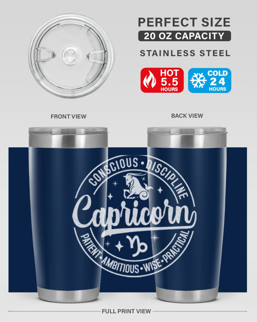 Capricorn 191# Zodiac Tumbler in stainless steel with a drink-thru lid, showcasing its sleek design and vibrant print.