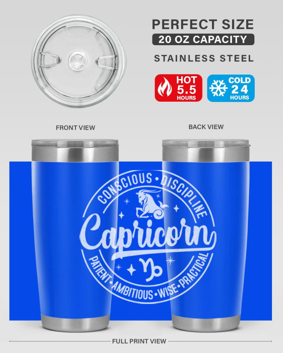 Capricorn 191# Zodiac Tumbler in stainless steel with a drink-thru lid, showcasing its sleek design and vibrant print.