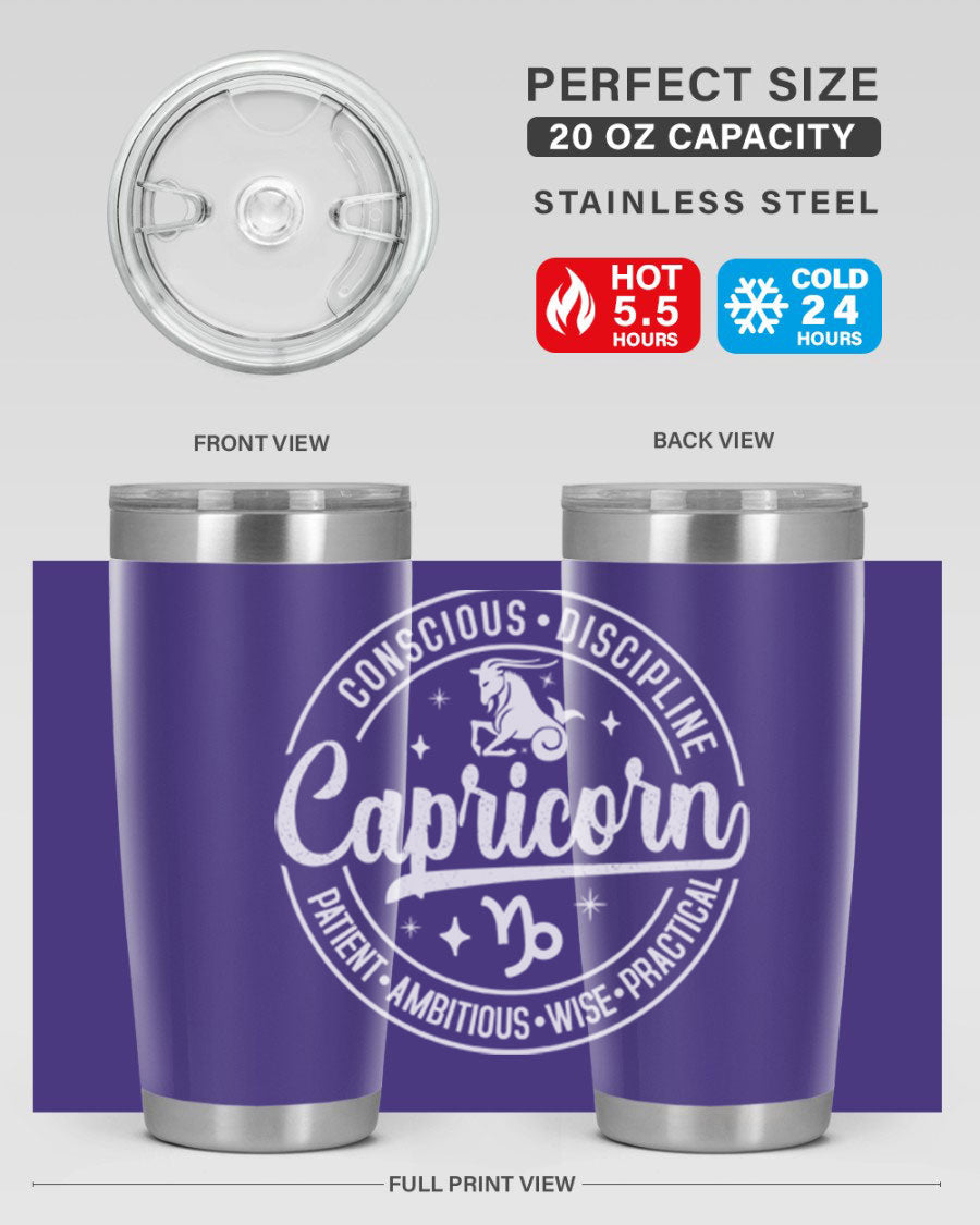 Capricorn 191# Zodiac Tumbler in stainless steel with a drink-thru lid, showcasing its sleek design and vibrant print.