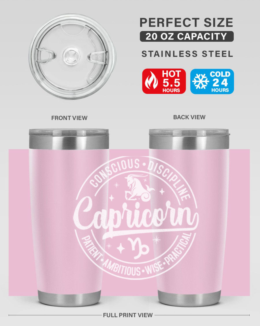Capricorn 191# Zodiac Tumbler in stainless steel with a drink-thru lid, showcasing its sleek design and vibrant print.