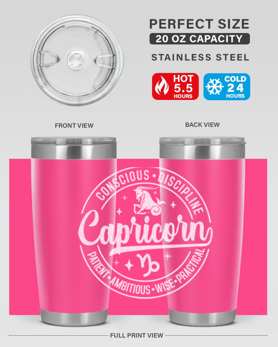 Capricorn 191# Zodiac Tumbler in stainless steel with a drink-thru lid, showcasing its sleek design and vibrant print.