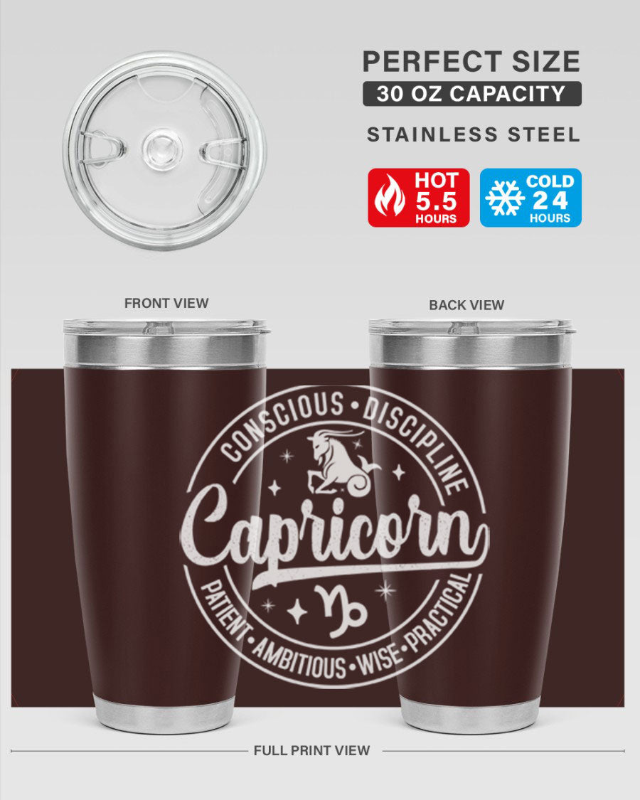 Capricorn 191# Zodiac Tumbler in stainless steel with a drink-thru lid, showcasing its sleek design and vibrant print.