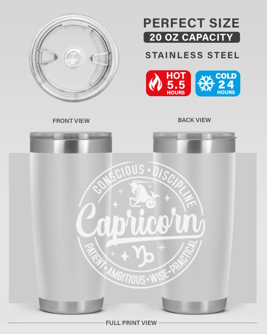 Capricorn 191# Zodiac Tumbler in stainless steel with a drink-thru lid, showcasing its sleek design and vibrant print.
