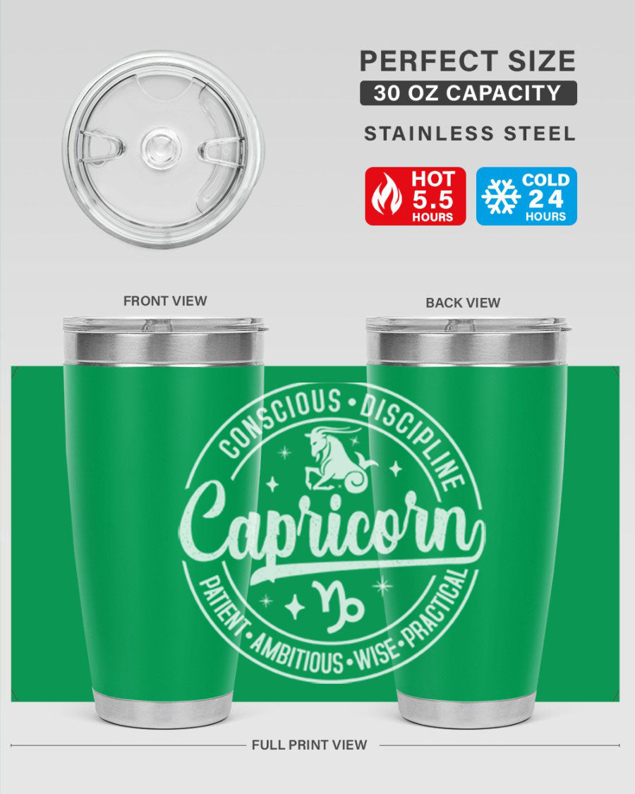 Capricorn 191# Zodiac Tumbler in stainless steel with a drink-thru lid, showcasing its sleek design and vibrant print.